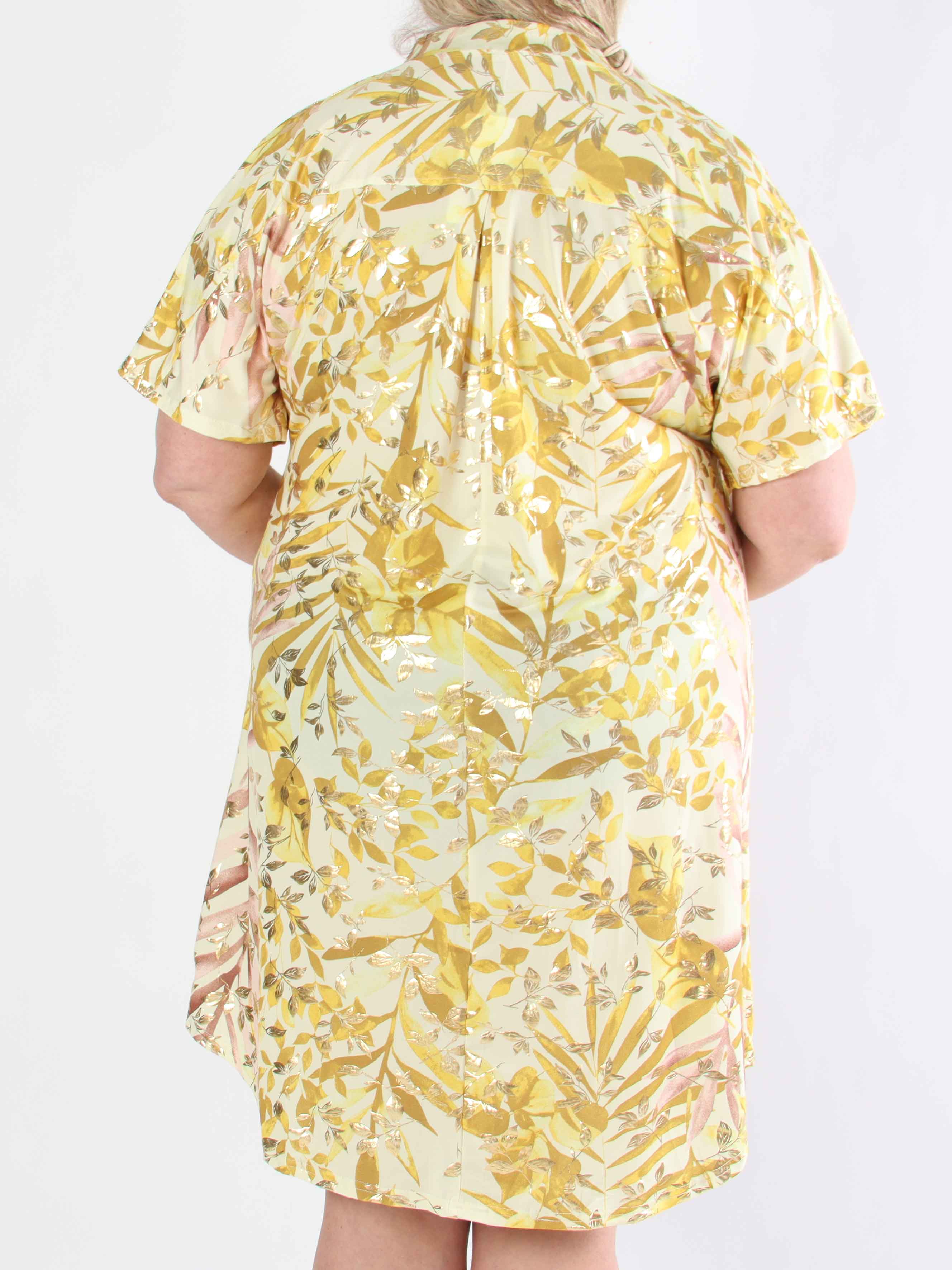 Ebba Gold Leaf Sleeveless - Plus size skjortekjole i elastisk stof med bladprint